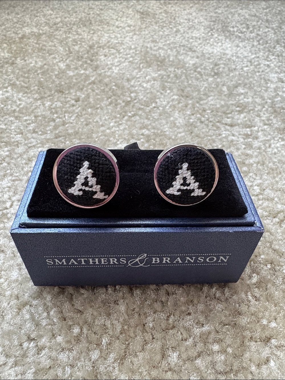 Smathers & Branson Black Needlepoint Cufflinks - White Monogram “A”